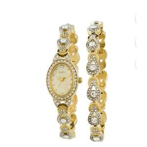 New Elgin Women's Gold Tone Crystal Accent Watch And Bracelet